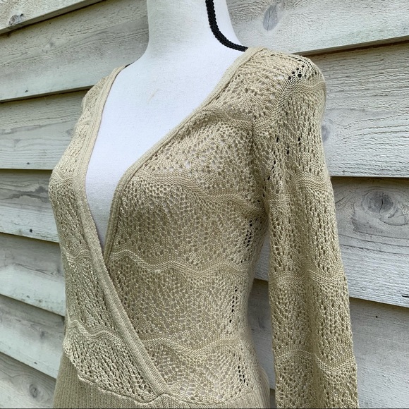 Vintage 90s Oatmeal Beige Crochet Cable Knit Long Sleeve V-Neck Pullover Sweater - Picture 5 of 16